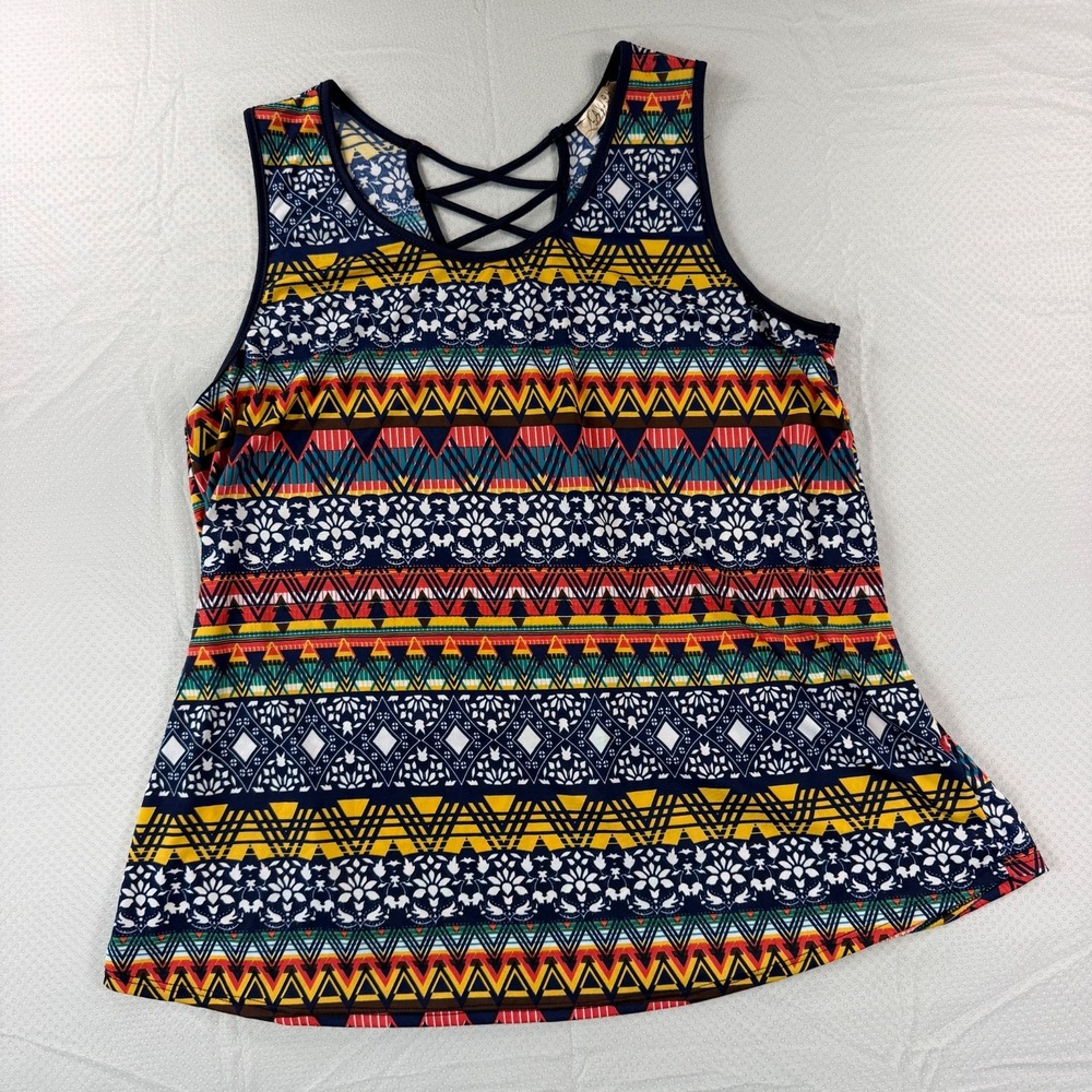 Lavish Tank Top XL Womens Blue Tribal Aztec Print Strappy Criss Cross Lattice